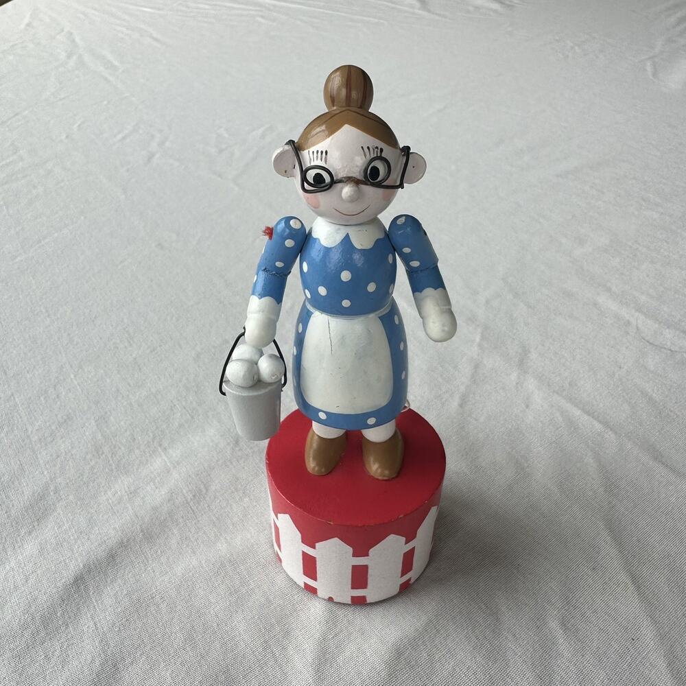 Vintage Wooden Grandma Press Puppet Push Up toy Hand Painted Thumb Figurine Dane